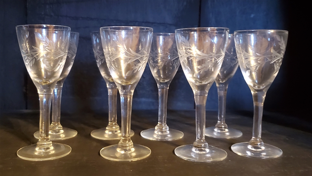 8 Pretty Etched Glasses with Flowers and Leaves - each Measures 4 3/8" Tall 