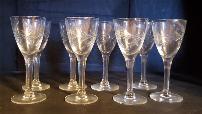 8 Pretty Etched Glasses with Flowers and Leaves - each Measures 4 3/8 Tall 