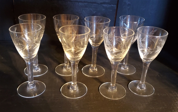 8 Pretty Etched Glasses with Flowers and Leaves - each Measures 4 3/8 Tall 