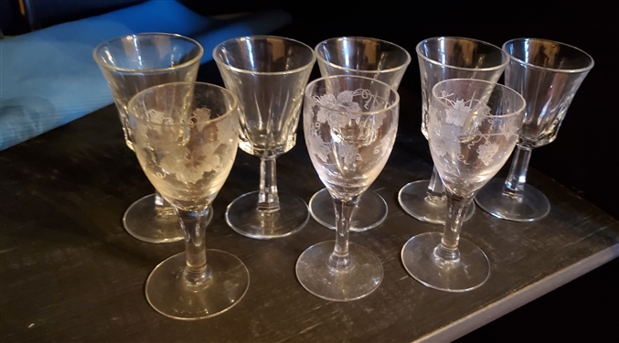 8 Cordials - 3 With Etched Grapes and Leaves - Glasses Are Approx. 4 1/4 Tall