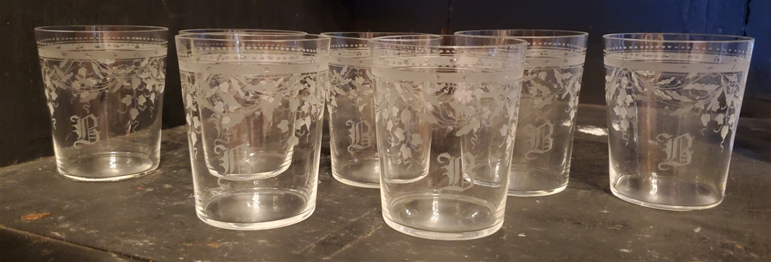 7 Beautiful Etched Tumblers with Etched B - Tumblers Measure 3 1/4 Tall 