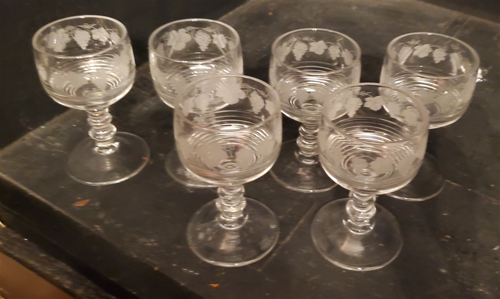 6 Goblets with Etched Grapes and Leaves - Ringed Stems - 4 1/8" Tall 