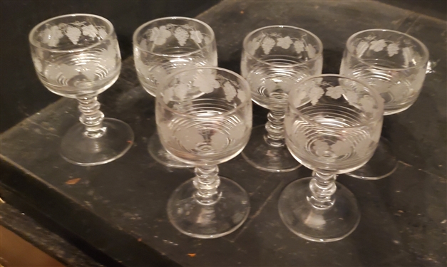 6 Goblets with Etched Grapes and Leaves - Ringed Stems - 4 1/8 Tall 