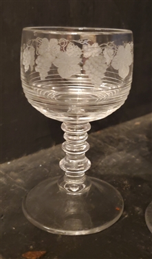 6 Goblets with Etched Grapes and Leaves - Ringed Stems - 4 1/8 Tall 