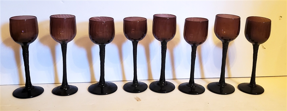 8 Beautiful Hand Blown Amethyst Art Glass Goblets - Hand Blown with Ribbed Bodies - Each Measures Approx. 6 1/4 Tall 