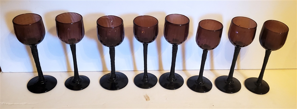 8 Beautiful Hand Blown Amethyst Art Glass Goblets - Hand Blown with Ribbed Bodies - Each Measures Approx. 6 1/4 Tall 