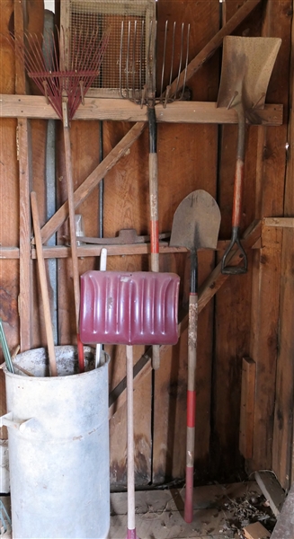 6 Garden Tools - Rake, Snow Shovel, Pitch Fork, Flat Shovel, Pick Axe Head,  and Other Shovel