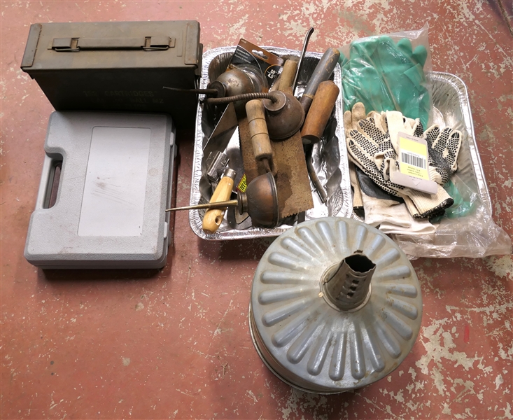 Mixed Lot of Tools including Soldering Gun, Ammo Box, Gloves, Oilers, Galvanized Funnel