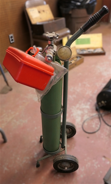 Oxygen Tank with Gauges on Rolling Cart - With Tubing 