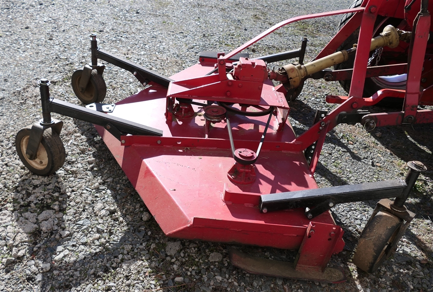 72” Fred Cain PTO finish mower. Refurbished 3 seasons ago with new deck, struts and wheels. Anti scalp roller added. Includes extra parts.