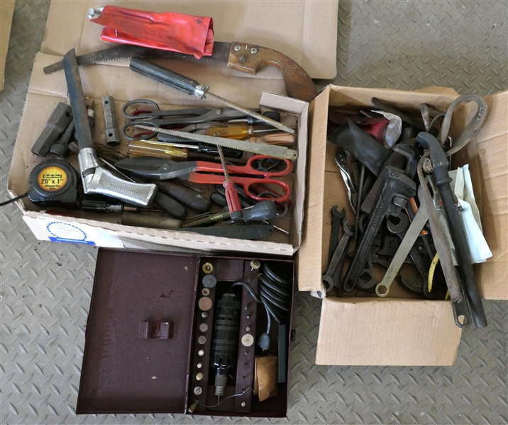 Mixed Lot of Tools including Screwdrivers, Rigid Pipe Wrenches, Wrenches, Hack Saw, Rotary Tool, Tape Measures, 