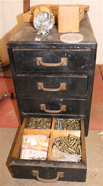 Nice Wooden 4 Drawer Chest - 4 Dovetailed Drawers Full of Hardware including Brass Screws, Wood Screws, Etc. - Box Measures 16" Tall 11" by 23"