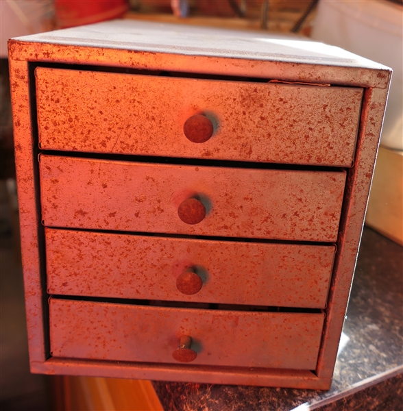 Small 4 Drawer Metal Storage Box with Rivets and Other Hardware