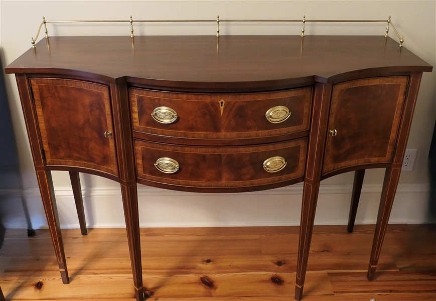 Beautiful Henkel Harris Mahogany Hepplewhite Style Sideboard - Serpentine Front - Tapered Legs - Crotch Mahogany Door and Drawer Fronts - Brass Gallery - Top Silver Drawer with Henkle Harris Silver...