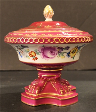 Dresden Footed Candy Jar with Lid - Beautiful Hand Painted Flowers - Jar Measures 6 1/2" Tall 6" Across