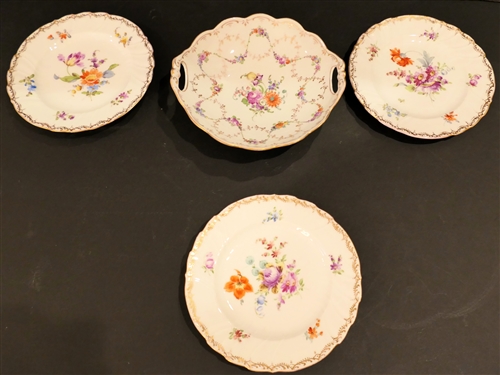 4 Pieces of Hand Painted Dresden - Double Handled Bowl and 3 6 3/8" Plates - Plates Marked RK Dresden 