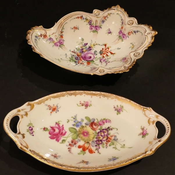 2 Pieces of Hand Painted Dresden - Oval Double Handled Dish and Leaf Shaped Dish with Gold Trim - Small Chip on Edge - Oval Dish Measures 10" by 5 1/2"