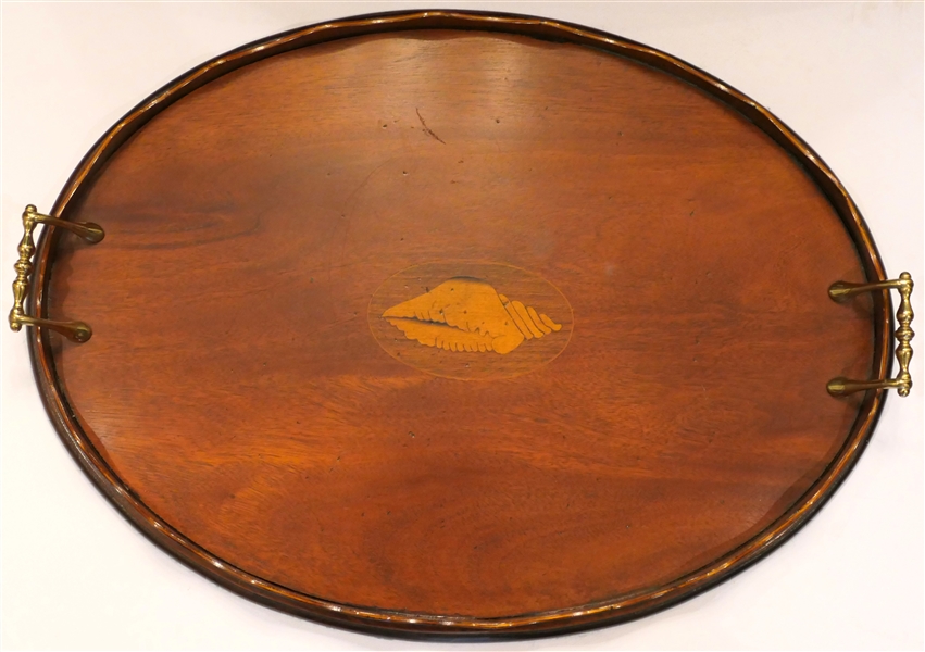 "Southampton" Oval Mahogany Tray with Inlaid Conch Shell - Scalloped Trim - Double Brass Handles - Tray Measures 21" By 14 1/2" 