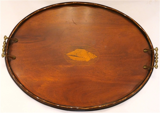 "Southampton" Oval Mahogany Tray with Inlaid Conch Shell - Scalloped Trim - Double Brass Handles - Tray Measures 21" By 14 1/2" 