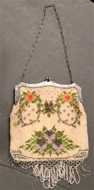 Floral Beaded Purse with Hand Chased Frame - Purse Measures 6 3/8" by 5 1/2"  - Some Bead Loss Around Bottom Trim 