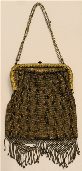 Very Finely Beaded Evening Bag - Gold Tone Frame - Small Damaged Area in Bottom Fringe - Some Separation From Purse From Frame 