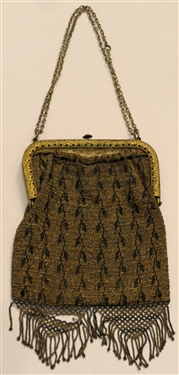 Very Finely Beaded Evening Bag - Gold Tone Frame - Small Damaged Area in Bottom Fringe - Some Separation From Purse From Frame 