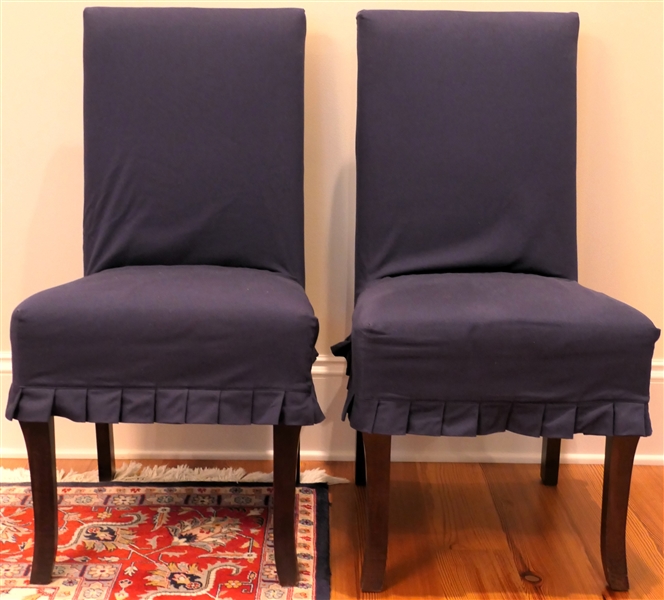 2 Ballard Designs Upholstered "Couture" Chairs - Canopy Stripe Red and Sand Upholster with Navy Blue Ballard Slip Covers - Very Clean Chairs