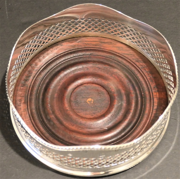 Fine British Sterling Silver Wine Coaster - Pierced Frame with Wood Bottom  -  Pierced Body - Coaster Measures 2 1/4" tall 5 1/4" Across