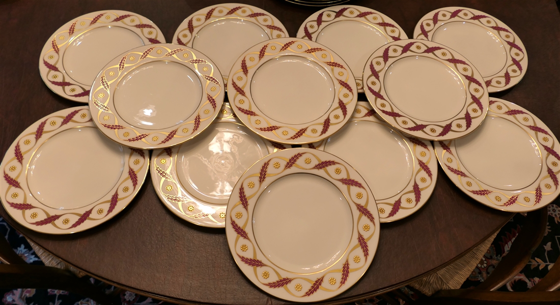 12 Beautiful Lenox Dinner Plates Number 1830 / 0305R- Ivory Body with Gold and Burgundy Trim -Plates Are 10 1/2" Across