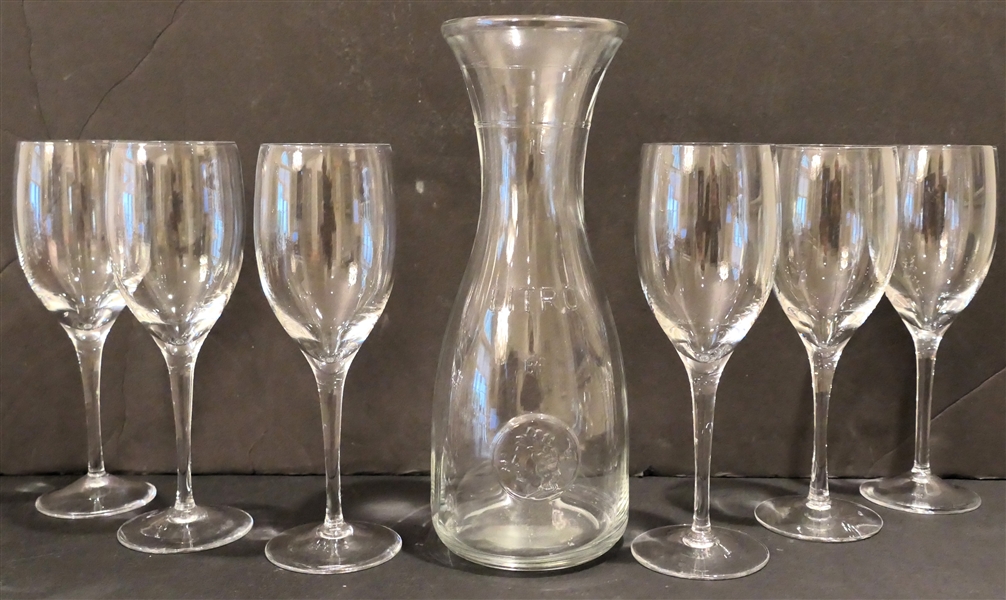 6 - Lenox USA Wine Glasses and "Litro"  Glass Carafe with Embossed Bust  - Glasses Measure 8 1/2" Tall 