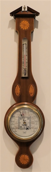 Beautiful Short & Mason - London  Federal Style Mahogany Inlaid Barometer / Thermometer with Inlaid Sunburst and Shells -Barometer Dated 1927 Taylor Instrument Company -  Urn Finial - 34" Long 9"...