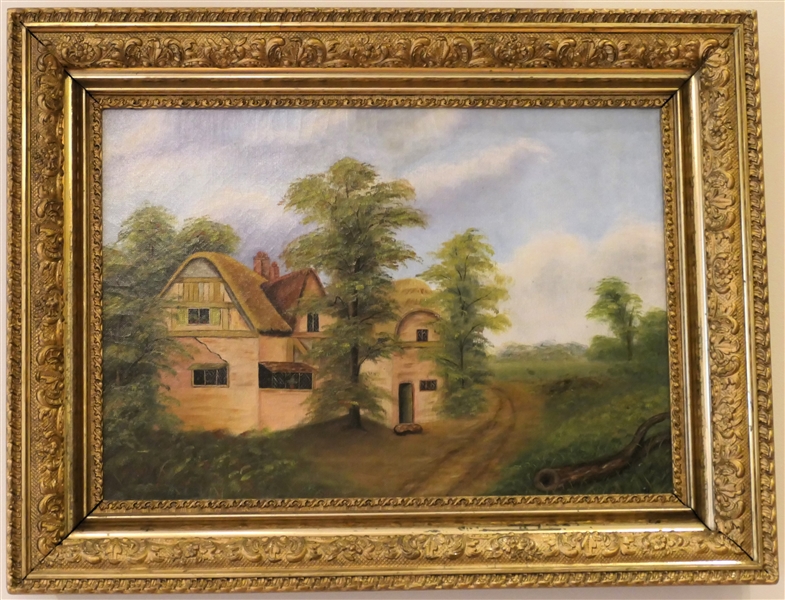 Beautiful 19th Century Oil on Canvas Painting of Cottage Scene in Outstanding Gold Gilt Frame - Painting Signed in Lower Left Corner - ACJ 93 - Frame Measures 19 3/4" by 25 1/2" 