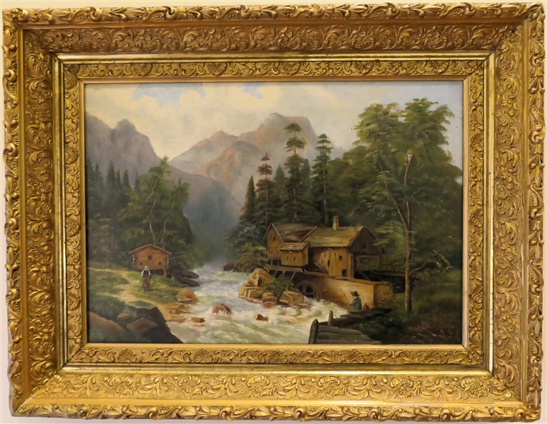 Fine 19th Century Oil on Canvas Painting of River Scene with Mill and Fisherman - Framed in Fine Gold Gilt Frame - Frame Measure 19 3/4" by 25 1/2" 