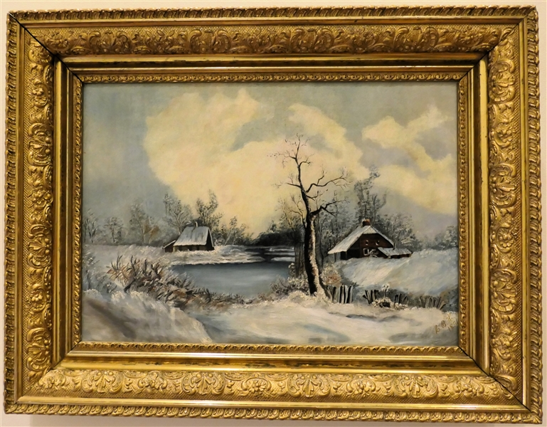 1890 Oil on Canvas Painting of Winter Scene in Fine Gold Gilt Frame  - Signed by Artist RBH 1890 - Frame Measures 19 3/4" by 25 1/2" 