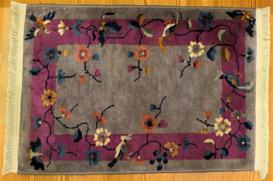 Beautiful Chinese Scene Wool Rug - Maroon Boarder with Birds and Flowers - Gray Background - Rug Measures 210" by 2