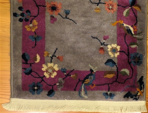 Beautiful Chinese Scene Wool Rug - Maroon Boarder with Birds and Flowers - Gray Background - Rug Measures 2'10 by 2'