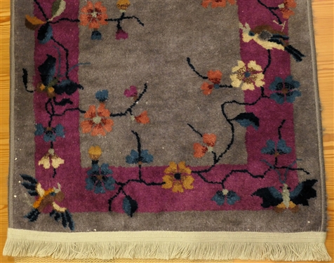 Beautiful Chinese Scene Wool Rug - Maroon Boarder with Birds and Flowers - Gray Background - Rug Measures 2'10 by 2'