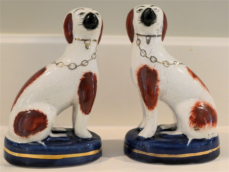 Pair of 19th Century  Staffordshire Dogs White Dogs with Brown Patches - Cobalt Blue Bases - Statue Measure 5" Tall 