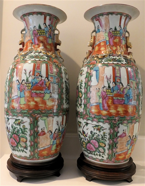 Pair of Large Chinese Rose Medallion Mantle Vases - Each Measures 18" Tall Without Wood Base 