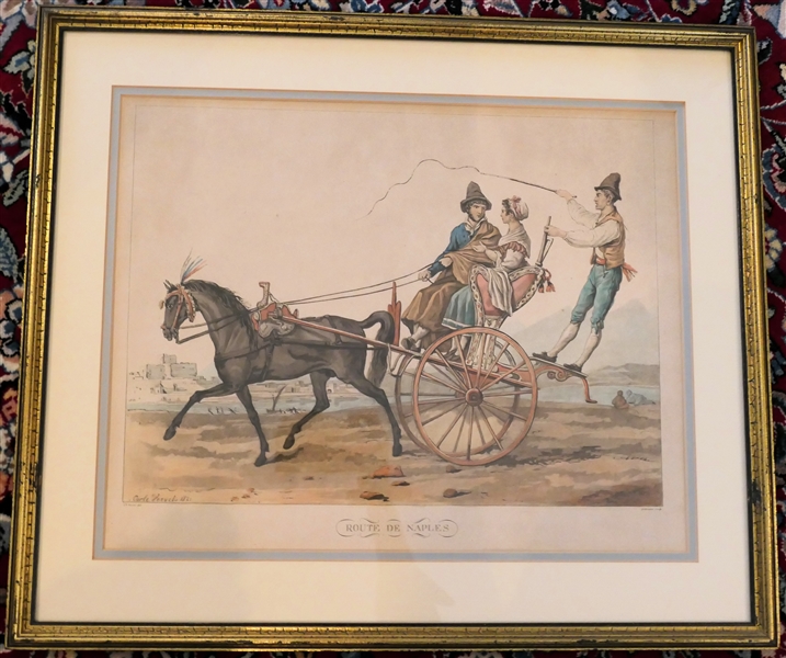 "Route De Naples" Hand Colored Engraving of Carle Vernch 1820 Painting Framed and Matted - Frame Measures 19" By 22"