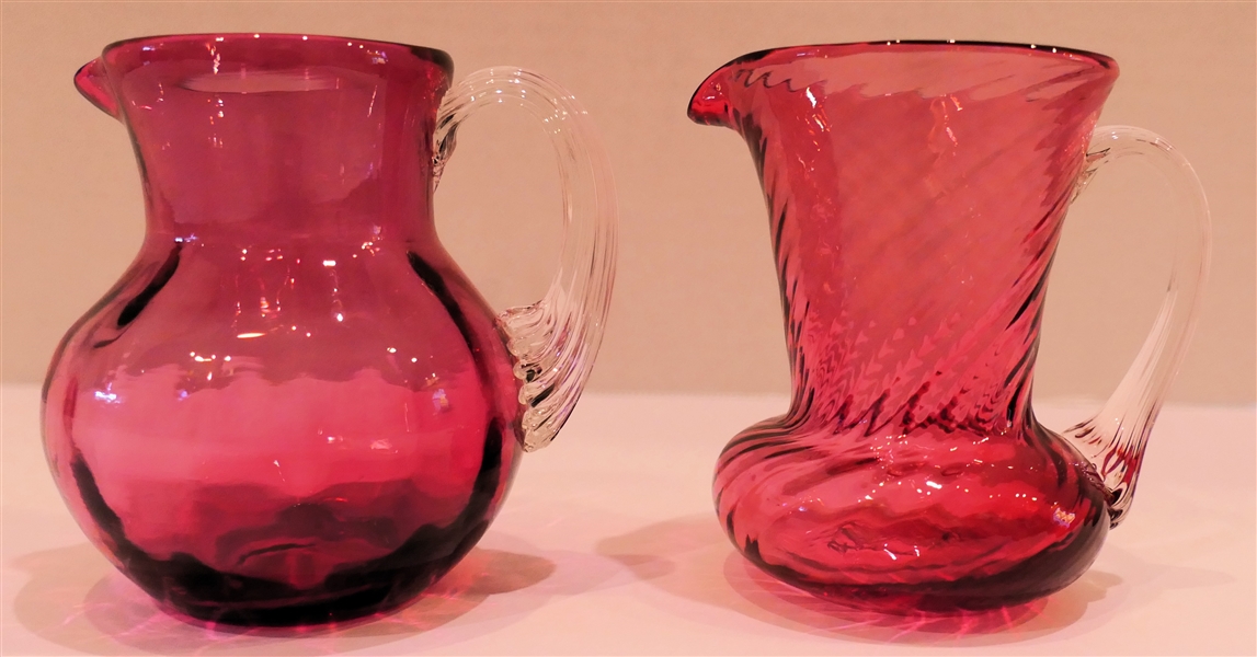 2 Hand Blown Pilgrim Glass Cranberry Pitchers with Clear Ribbed Applied Handles - Each is Approx. 3 1/2" Tall 