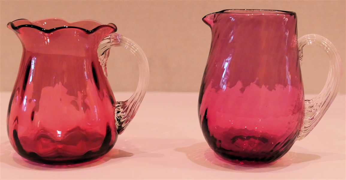 2 Hand Blown Pilgrim Glass Pitchers with Applied Clear Ribbed Handles - Pitcher with Fluted Top Measures 3 1/2" Tall 