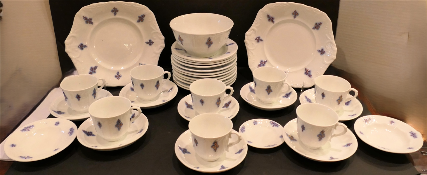 34 Pieces of 19th Century Chelsea Blue Luster including  Cup & Saucer Sets, 2 - 9" Square Plates, Bowl, and Dessert Plates 