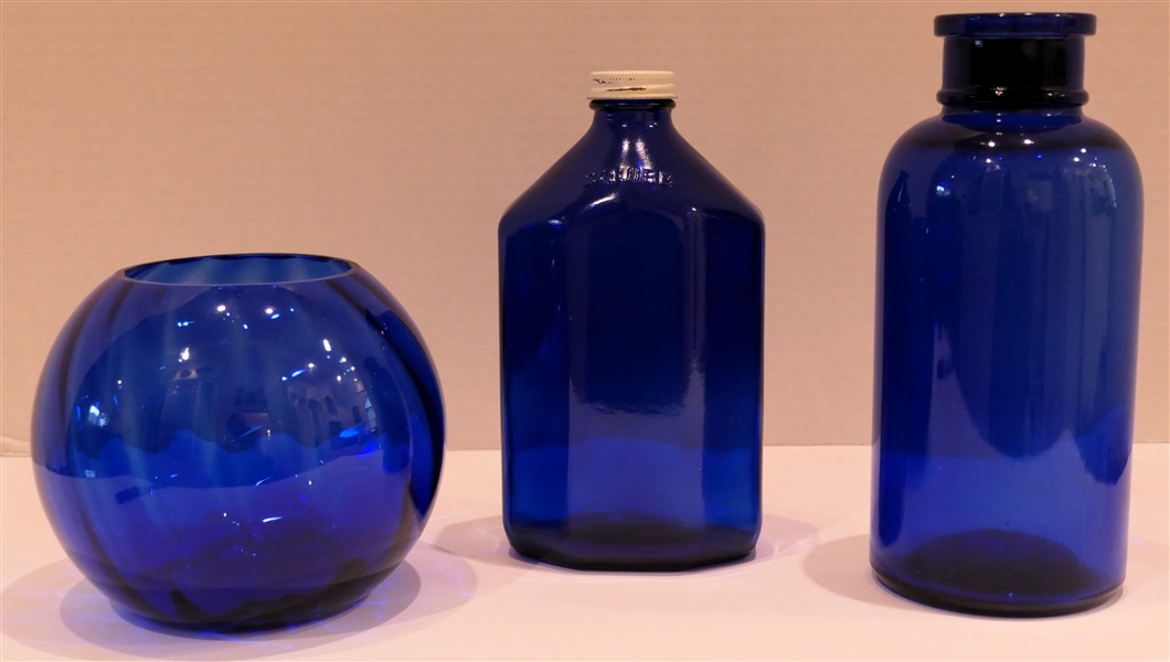 3 Pieces of Cobalt Blue Glass - Ribbed Rose Bowl and 2 Bottles - Bowl Measures 5" Tall 5" Across