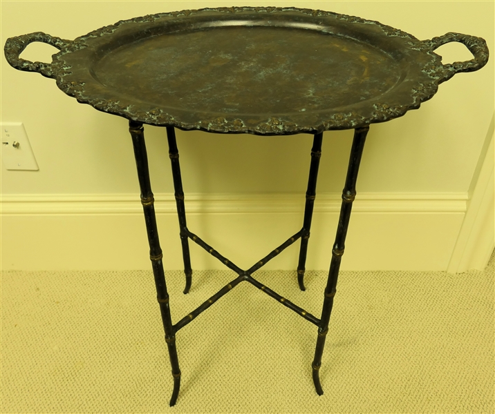 Outstanding  Maitland Smith Bronze Tray Table - Heavy Bronze Tray Top with Bamboo Style Stand - Table Measures 25" Tall 25" by 15"