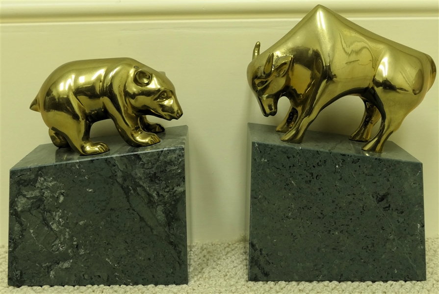 Brass and Green Marble Bear and Bull Bookends - Bull Measures 8" Tall