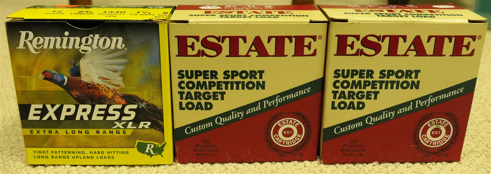 3 Boxes of 12 Gauge Shotgun Shells - 2 Boxes of Estate Super Sport Competition Load - 12 Gauge 2 3/4" 1 1/8 Oz. 9 Shot and 1 Box Remington Express XLR - 12 Gauge 2 3/4" 1 1/4 Oz 5 Shot - 25 Shells...