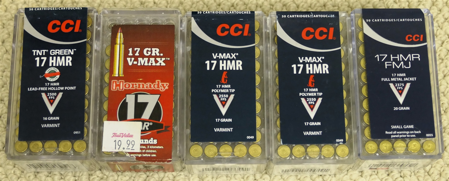 5 Boxes of .17 MR Bullets - 4 Full CCI Boxes and 1 Mostly Full Hornady .17 Gr V-Max