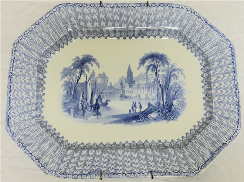 Ironstone Blue Transferware Platter "Corinth G. Philips Longport" - Port Scene with Boats - Platter Measures 12" by 15 3/4"