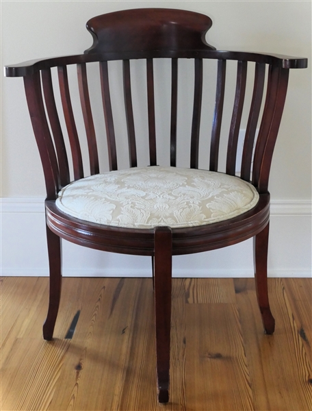 Mahogany Barrel Chair with Clean White Brocade Upholstered Seat - Chair Measures 30" tall 25" Across